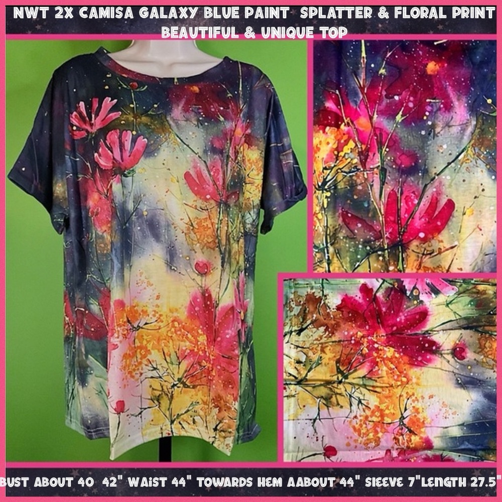 NWT 2X CAMISA GALAXY BLUE PAINT-SPLATTER & FLORAL PRINT BEAUTIFUL & UNIQUE TOP